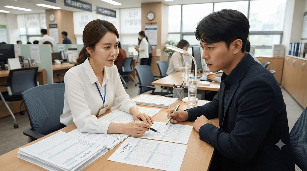 의료진과 상담 서류를 확인하는 남성